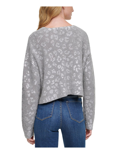 DKNY Womens Silver Printed Long Sleeve Crew Neck Sweater M
