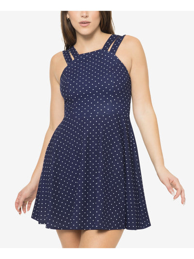 B DARLIN Womens Navy Zippered Double Strap Polka Dot Square Neck Mini Fit + Flare Dress 5\6