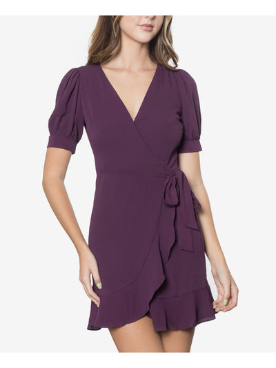 B DARLIN Womens Purple Ruffled Tie Short Sleeve V Neck Mini Wrap Dress Juniors 9\10