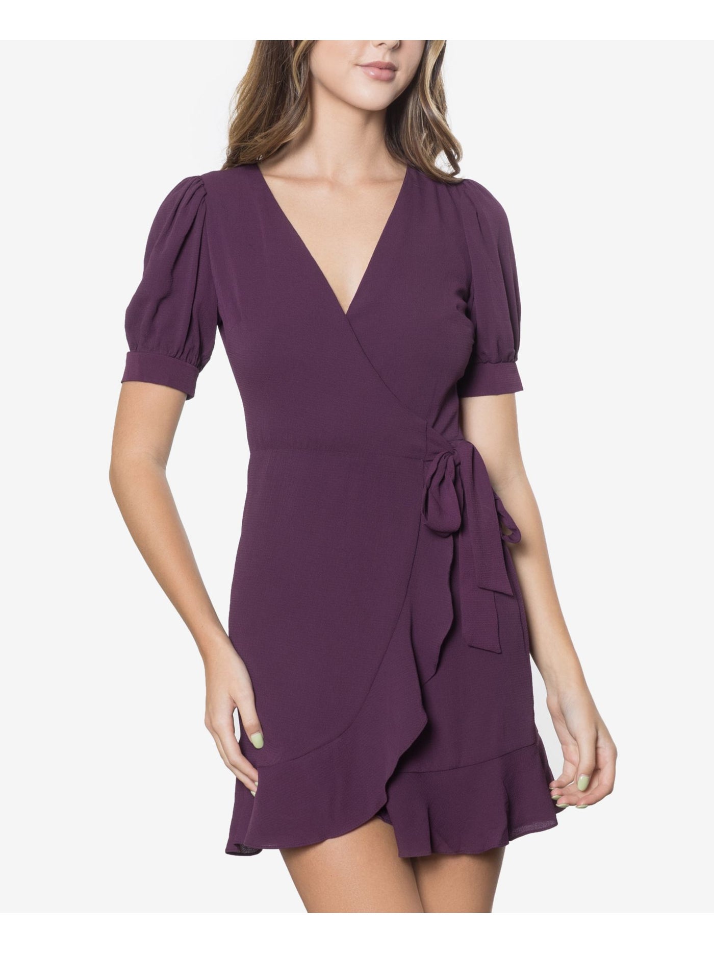 B DARLIN Womens Purple Ruffled Tie Short Sleeve V Neck Mini Wrap Dress Juniors 5\6