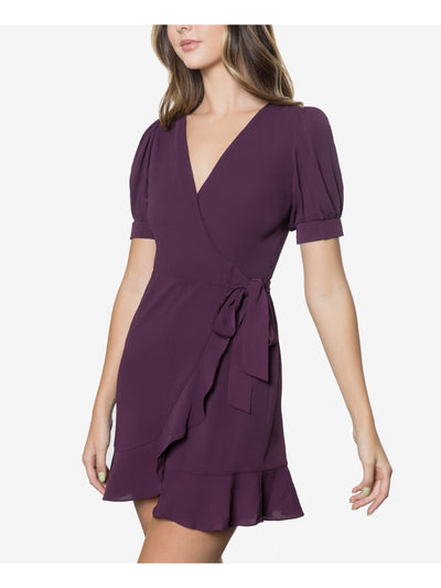 B DARLIN Womens Purple Ruffled Tie Short Sleeve V Neck Mini Wrap Dress Juniors 1\2