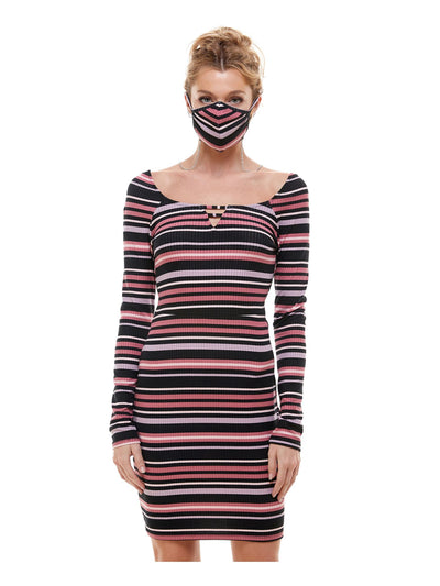 PLANET GOLD Womens Pink Striped Long Sleeve Scoop Neck Short Body Con Dress XS