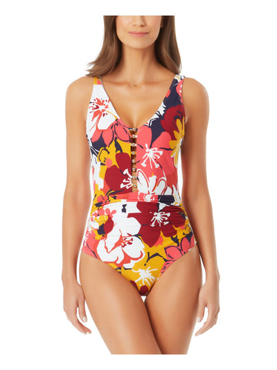 ANNE COLE Women's Multi Color Printed Stretch Deep V Neck Full Coverage One Piece Swimsuit 8