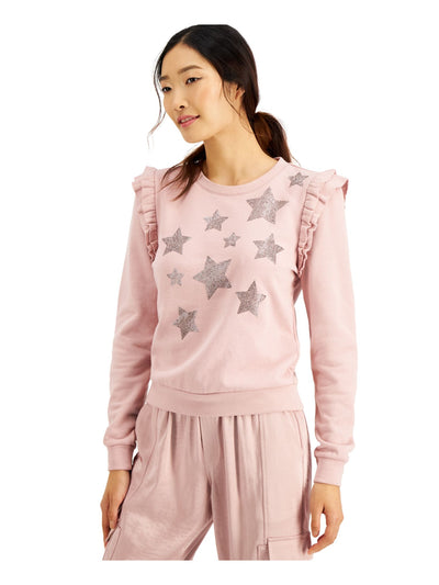 INC Womens Pink Ruffled Embellished Stars Printed Long Sleeve Top L