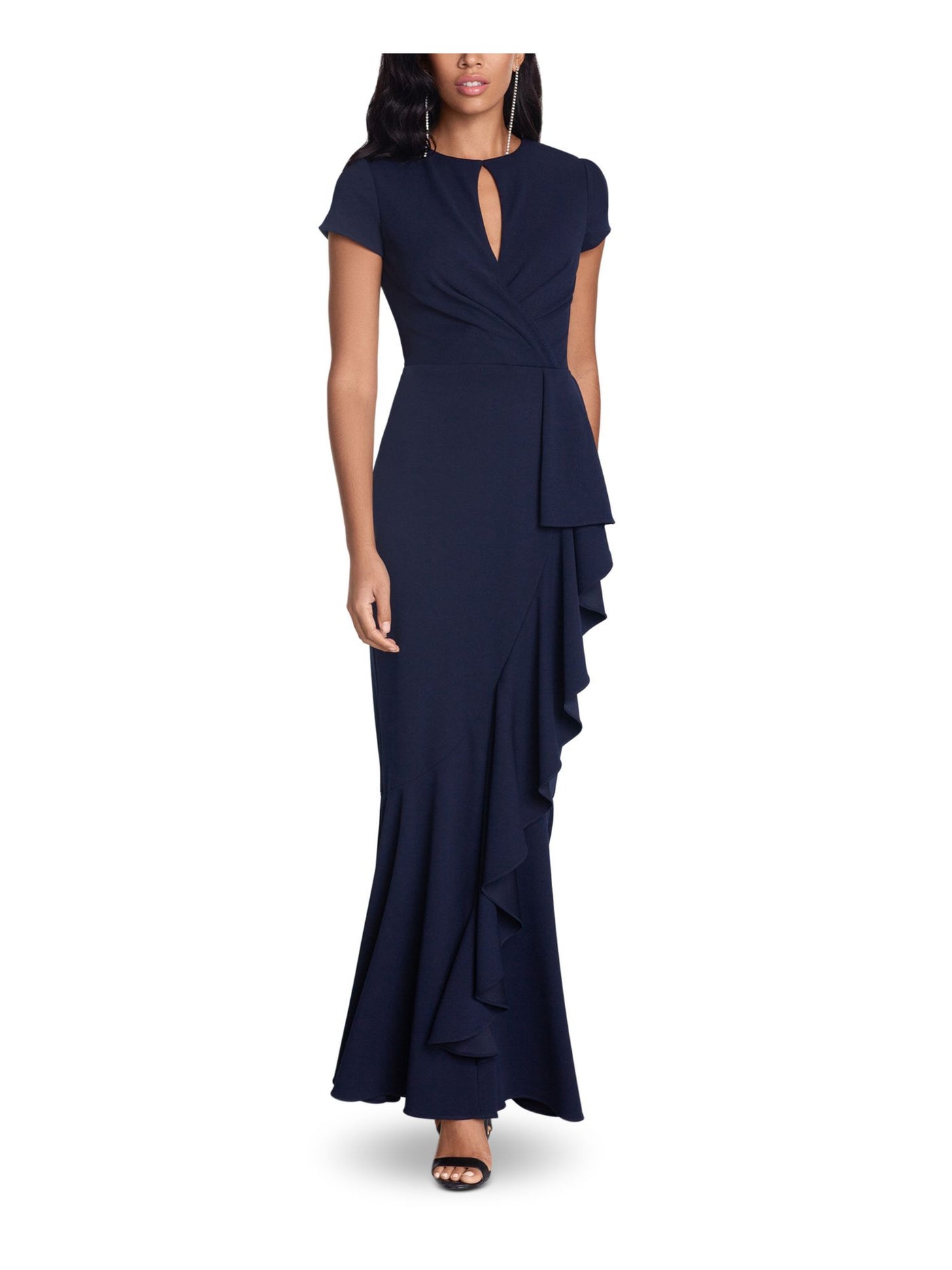 BETSY & ADAM Womens Navy Ruffled Gathered Zippered Short Sleeve Keyhole Maxi Evening Sheath Dress 4