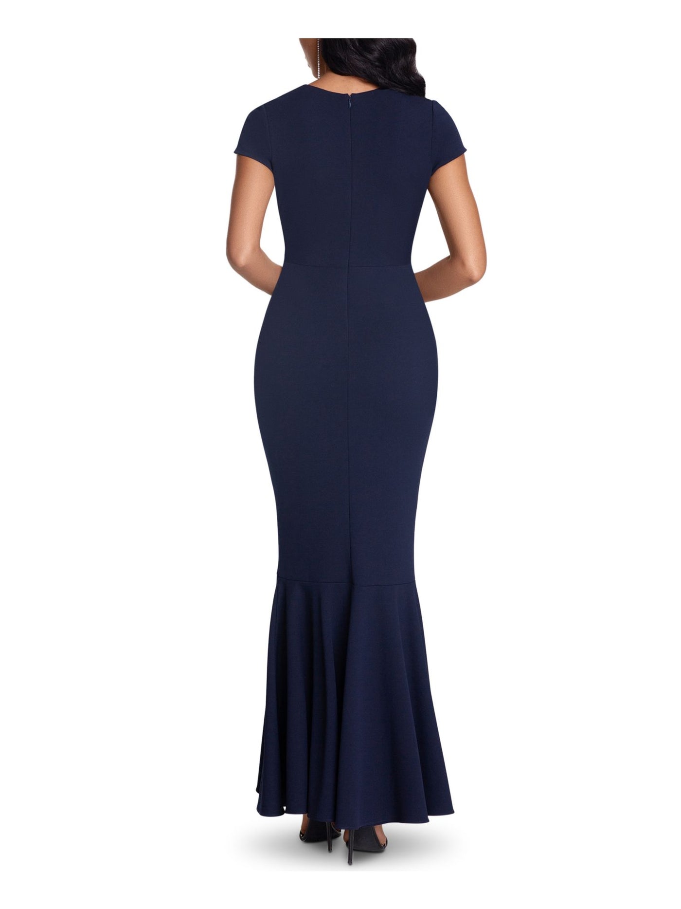 BETSY & ADAM Womens Navy Ruffled Gathered Zippered Short Sleeve Keyhole Maxi Evening Sheath Dress 4