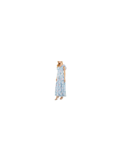 ADRIANNA PAPELL Womens Light Blue Pleated Zippered Chiffon Floral Flutter Sleeve V Neck Maxi Empire Waist Dress 4