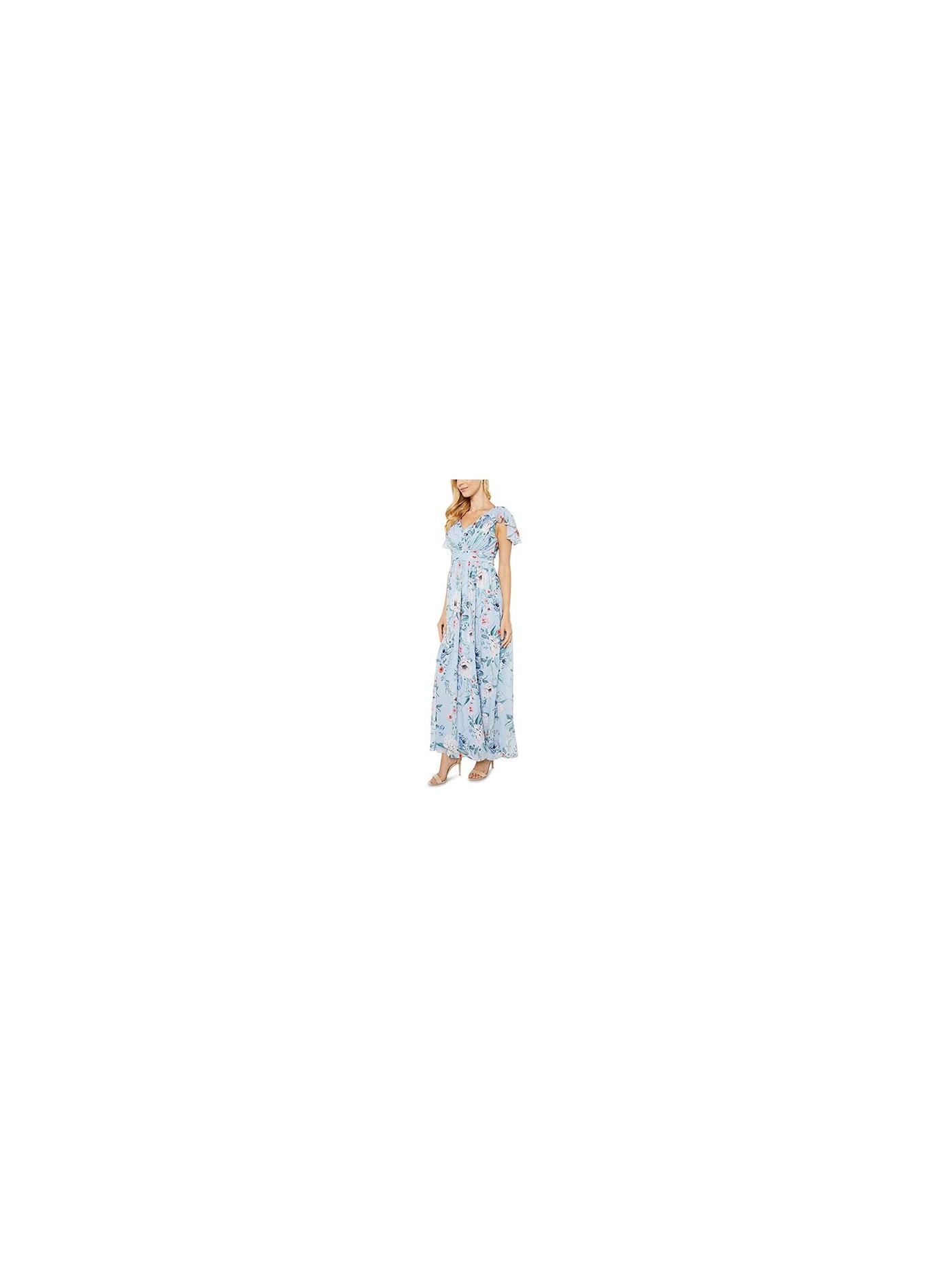 ADRIANNA PAPELL Womens Light Blue Pleated Zippered Chiffon Floral Flutter Sleeve V Neck Maxi Empire Waist Dress Petites 4P