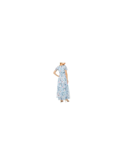 ADRIANNA PAPELL Womens Light Blue Pleated Zippered Chiffon Floral Flutter Sleeve V Neck Maxi Empire Waist Dress Petites 12P