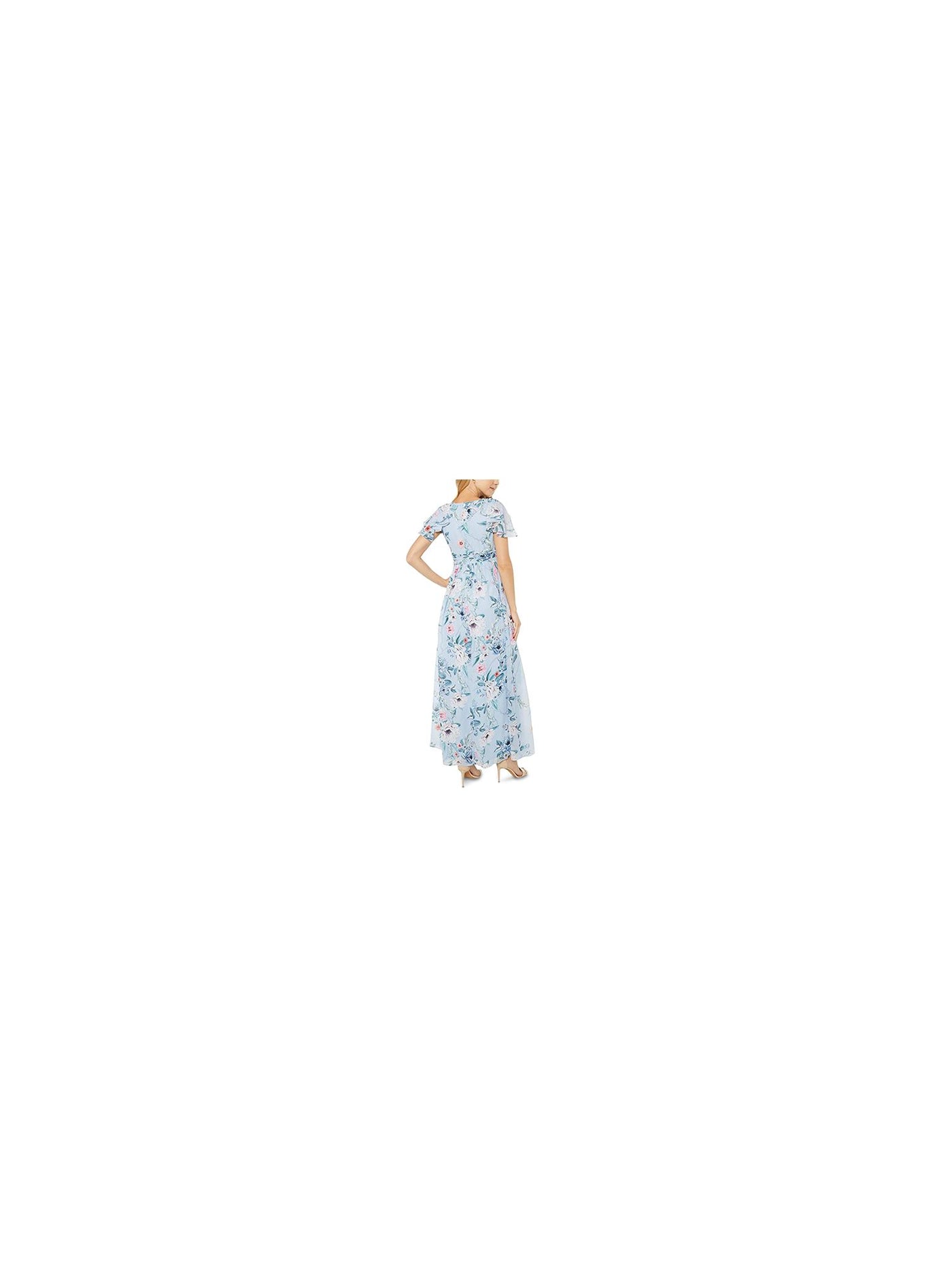 ADRIANNA PAPELL Womens Light Blue Pleated Zippered Chiffon Floral Flutter Sleeve V Neck Maxi Empire Waist Dress Petites 4P