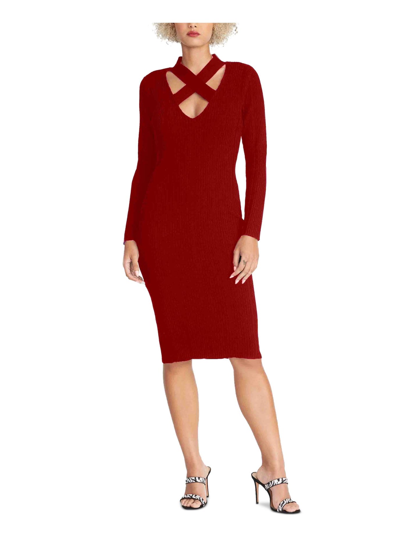 RACHEL RACHEL ROY Womens Red Zippered Ribbed Unlined Cutouts Textured Long Sleeve V Neck Knee Length Evening Body Con Dress XL