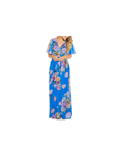 ADRIANNA PAPELL Womens Blue Zippered Sheer Chiffon Gown Floral Flutter Sleeve Surplice Neckline Full-Length Party Dress 4
