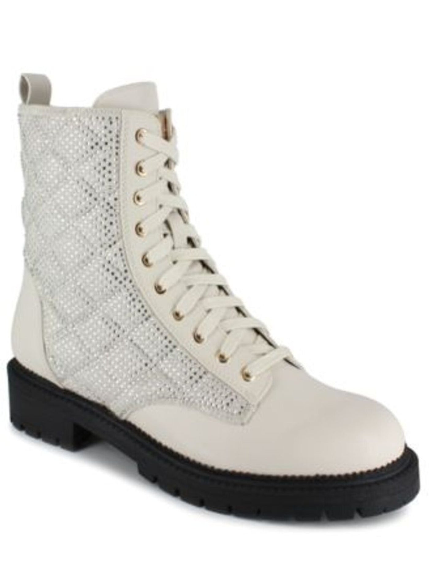 BEBE Womens White Rhinestone Quilted Dorienne Round Toe Block Heel Zip-Up Combat Boots 8.5 M