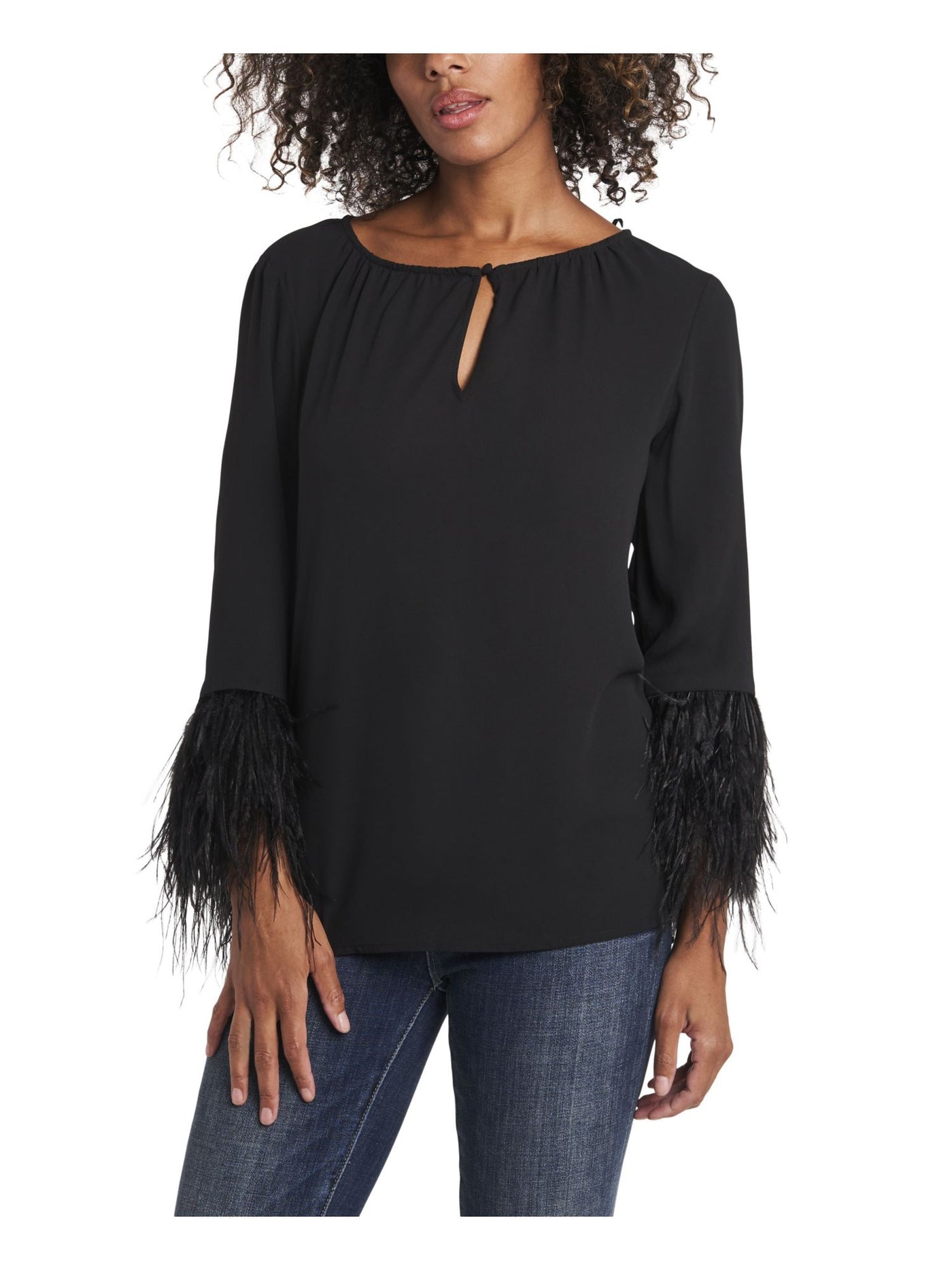 VINCE CAMUTO Womens Black Feathered Sheer Split Hem 3/4 Sleeve Keyhole Blouse XS