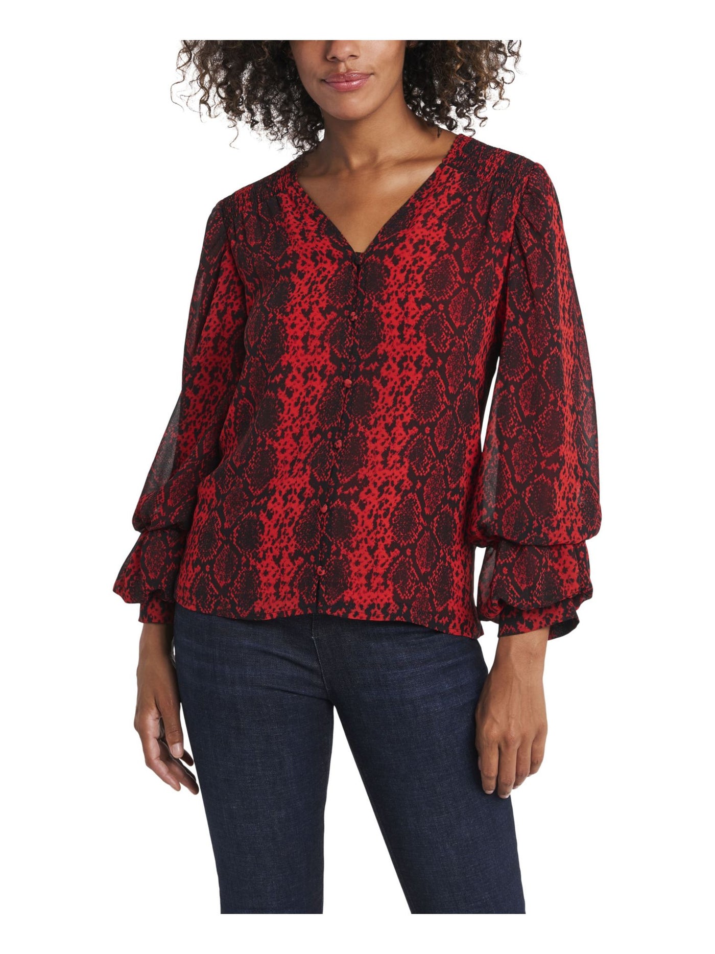 VINCE CAMUTO Womens Red Smocked Lined Vented Hems Animal Print Balloon Sleeve V Neck Wear To Work Button Up Top L