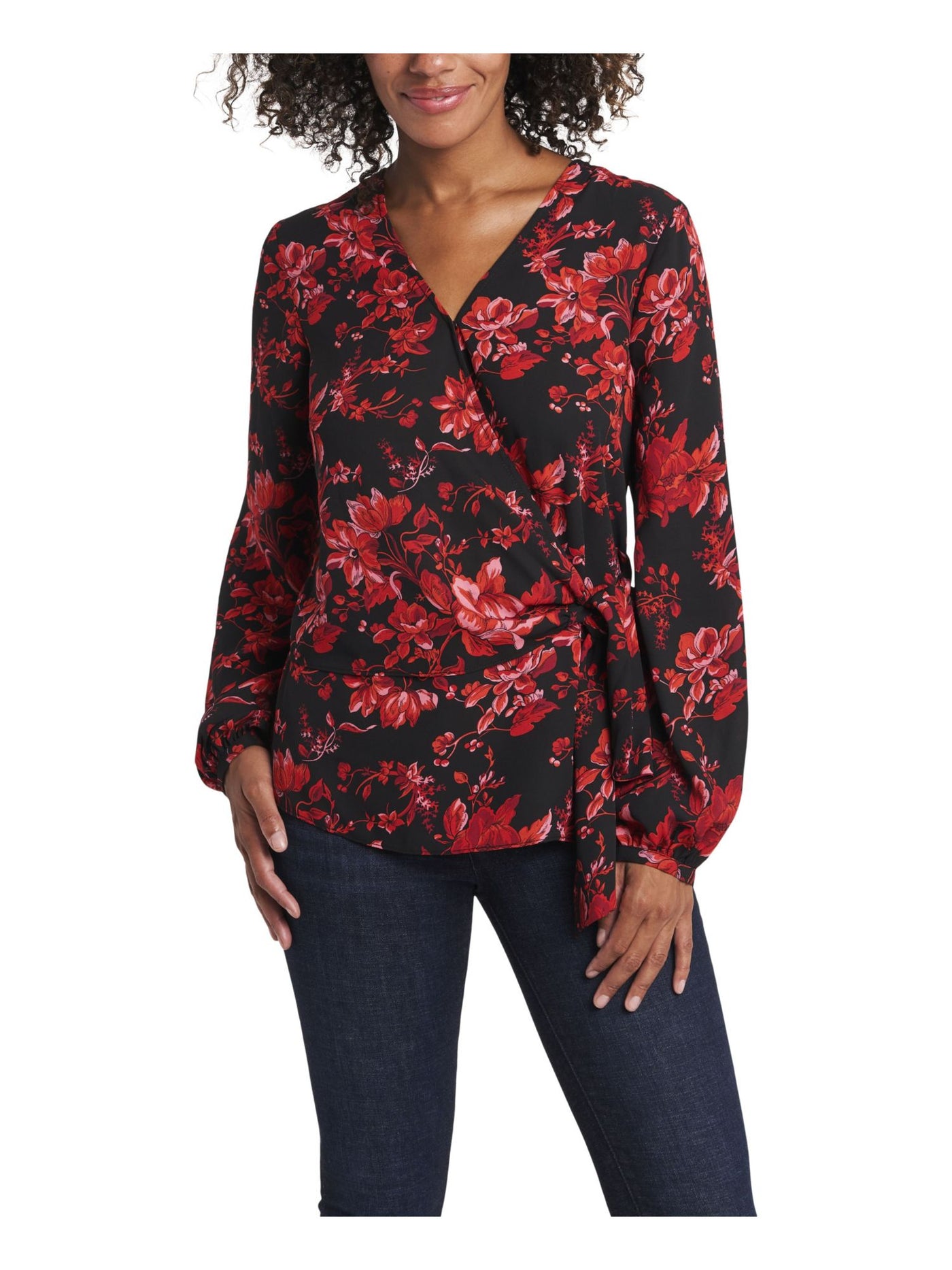 VINCE CAMUTO Womens Black Tie Floral Long Sleeve Surplice Neckline Wear To Work Wrap Top XXS