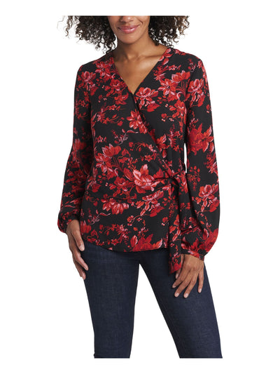 VINCE CAMUTO Womens Black Tie Floral Long Sleeve Surplice Neckline Wear To Work Wrap Top XS