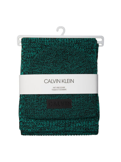 CALVIN KLEIN Mens Green Acrylic Fitted Knit With Scarf Winter Beanie Hat Cap