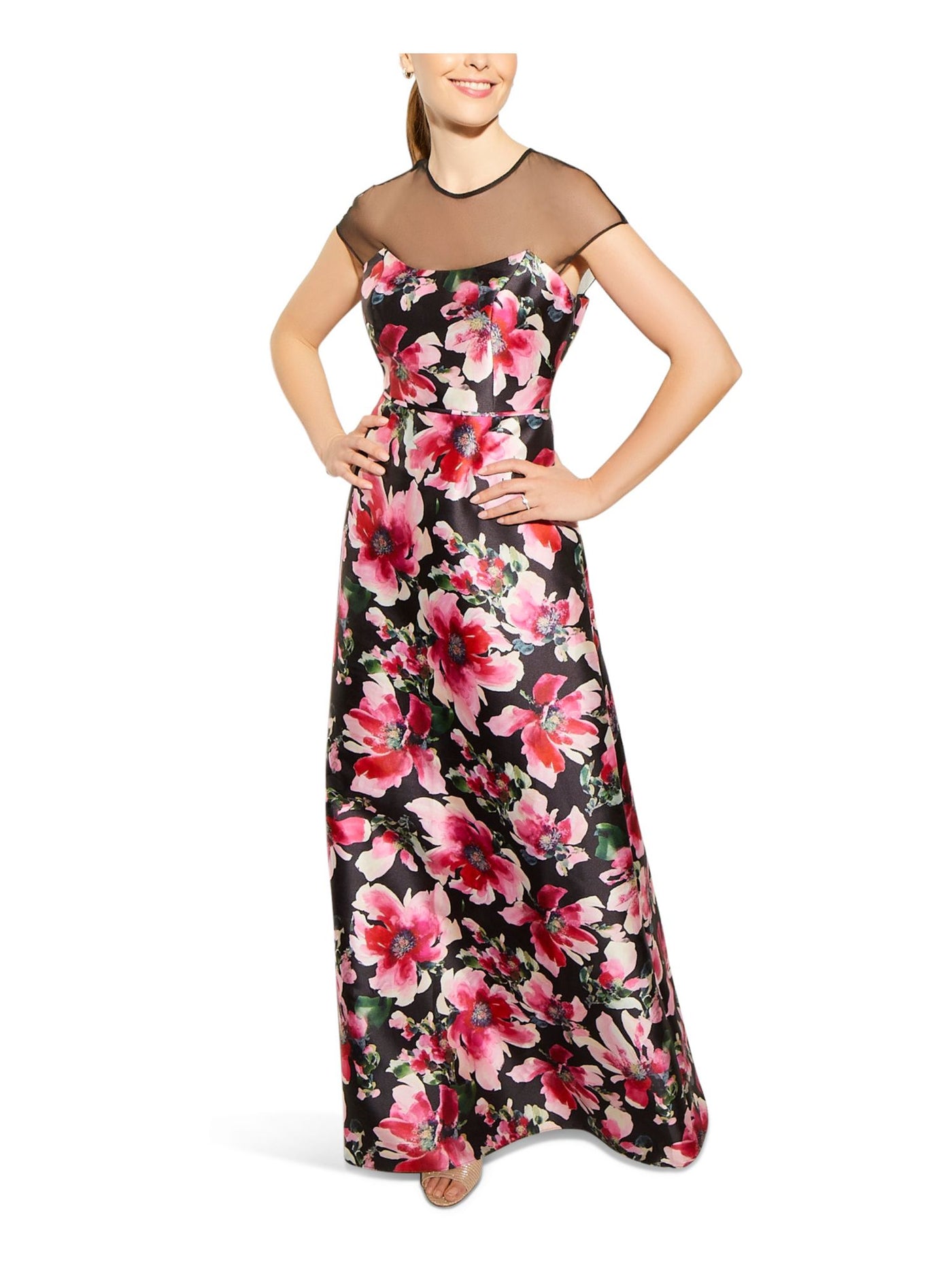 ADRIANNA PAPELL Womens Black Sheer Floral Cap Sleeve Illusion Neckline Full-Length Evening Sheath Dress 10