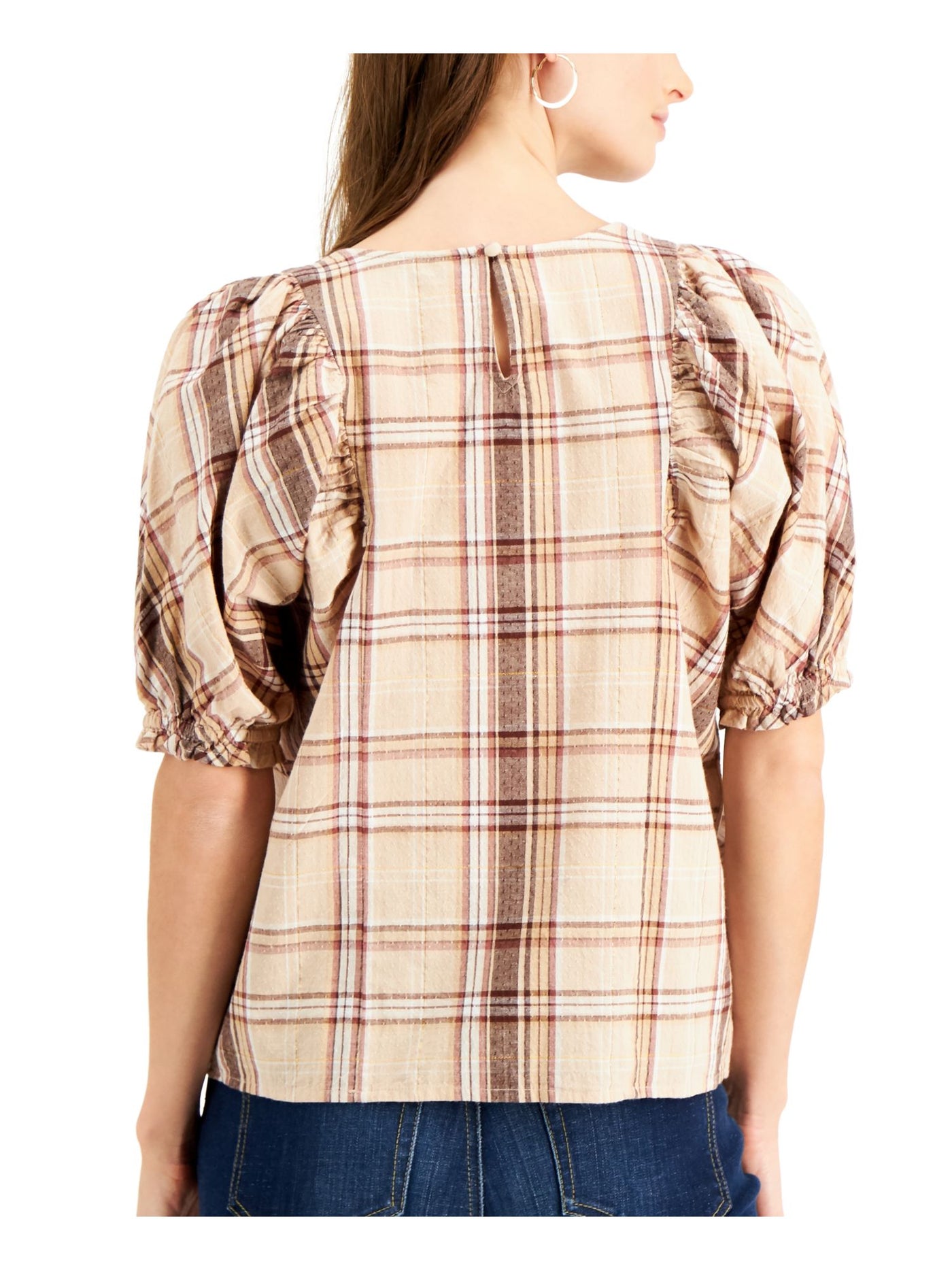 INC Womens Brown Gold Threaded Plaid Pouf Crew Neck Top Size: XS