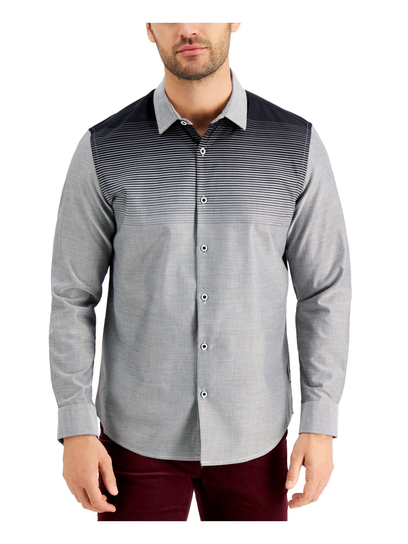 ALFANI Mens Black Printed Point Collar Classic Fit Button Down Cotton Blend Cotton Blend Shirt L