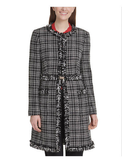 DKNY Womens Black Fringed Belted Winter Jacket Coat 4