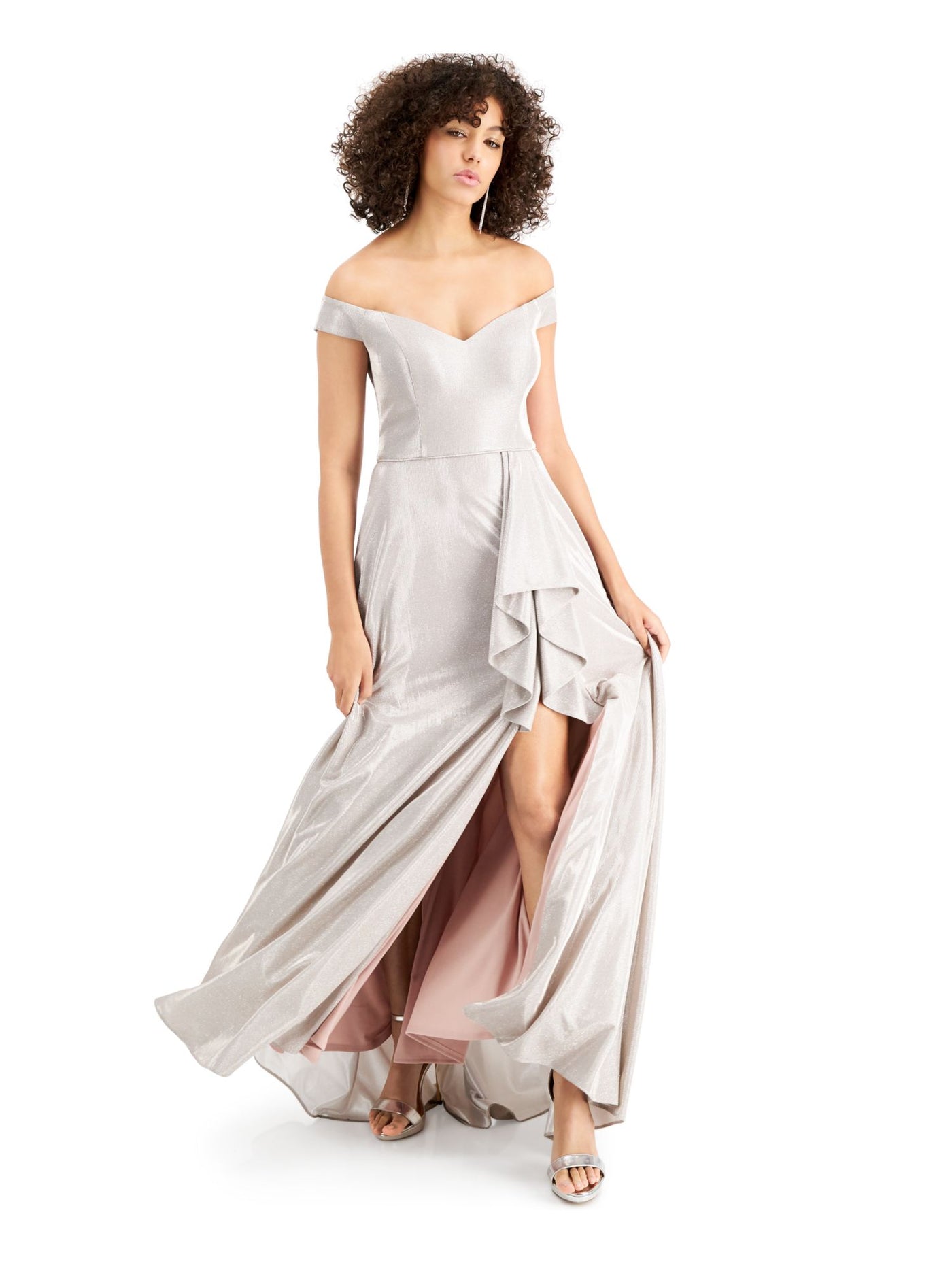 BLONDIE NITES Womens Silver Slitted Glitter Ruffled Gown Cap Sleeve Off Shoulder Full-Length Formal Dress 5