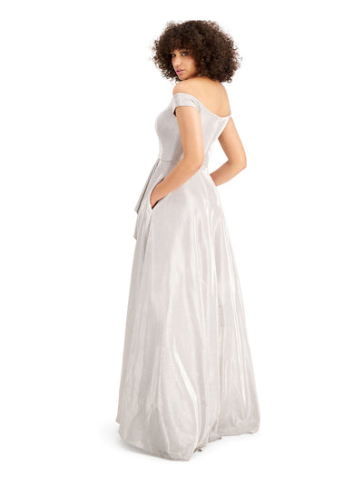 BLONDIE NITES Womens Silver Slitted Glitter Ruffled Gown Cap Sleeve Off Shoulder Full-Length Formal Dress 5