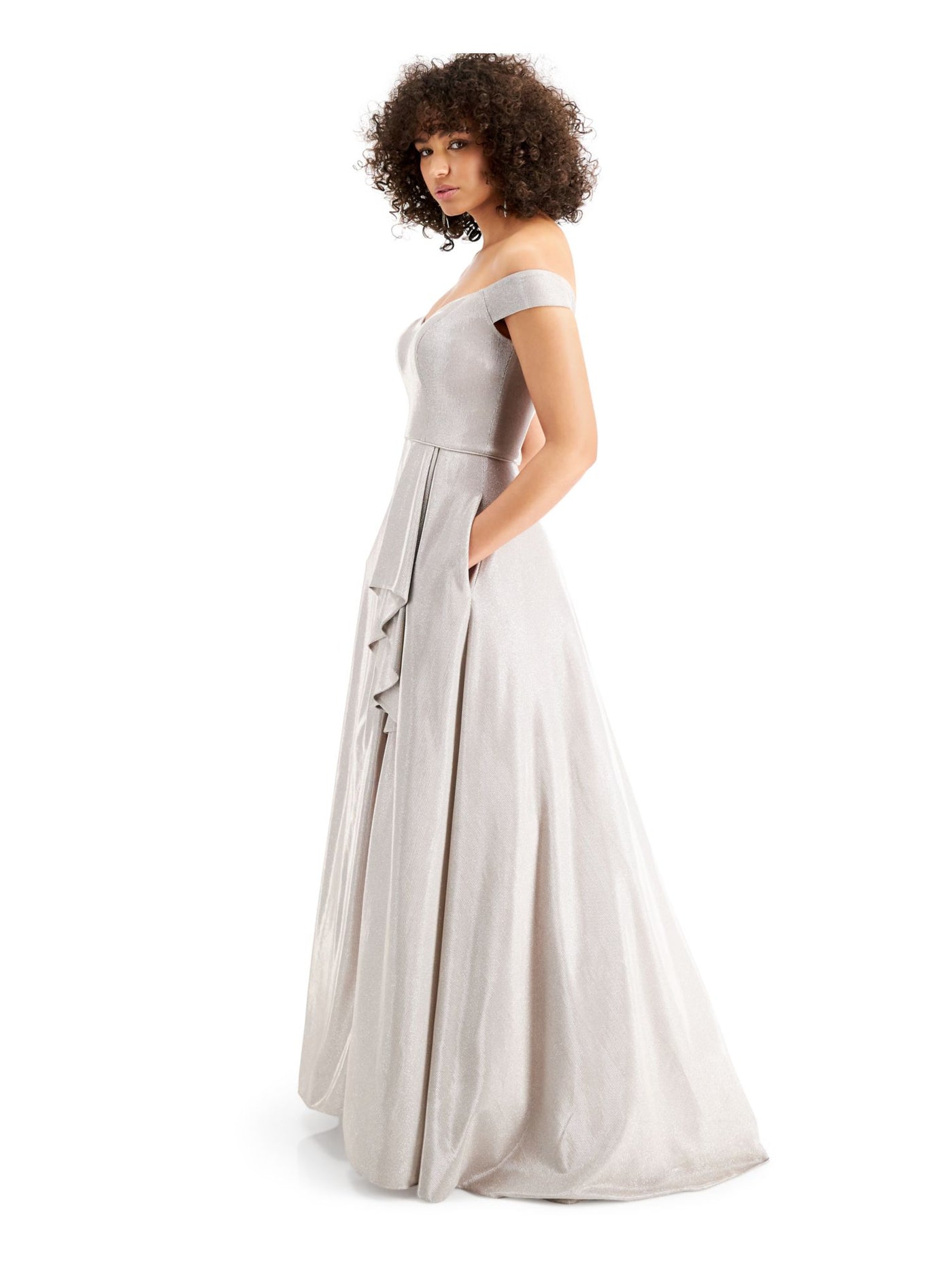 BLONDIE NITES Womens Silver Slitted Glitter Ruffled Gown Cap Sleeve Off Shoulder Full-Length Formal Dress 5