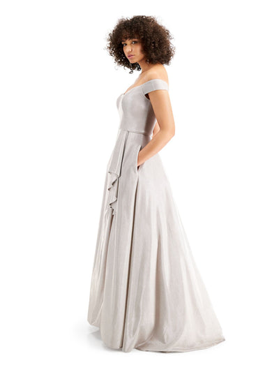 BLONDIE NITES Womens Silver Slitted Glitter Ruffled Gown Cap Sleeve Off Shoulder Full-Length Formal Dress 5