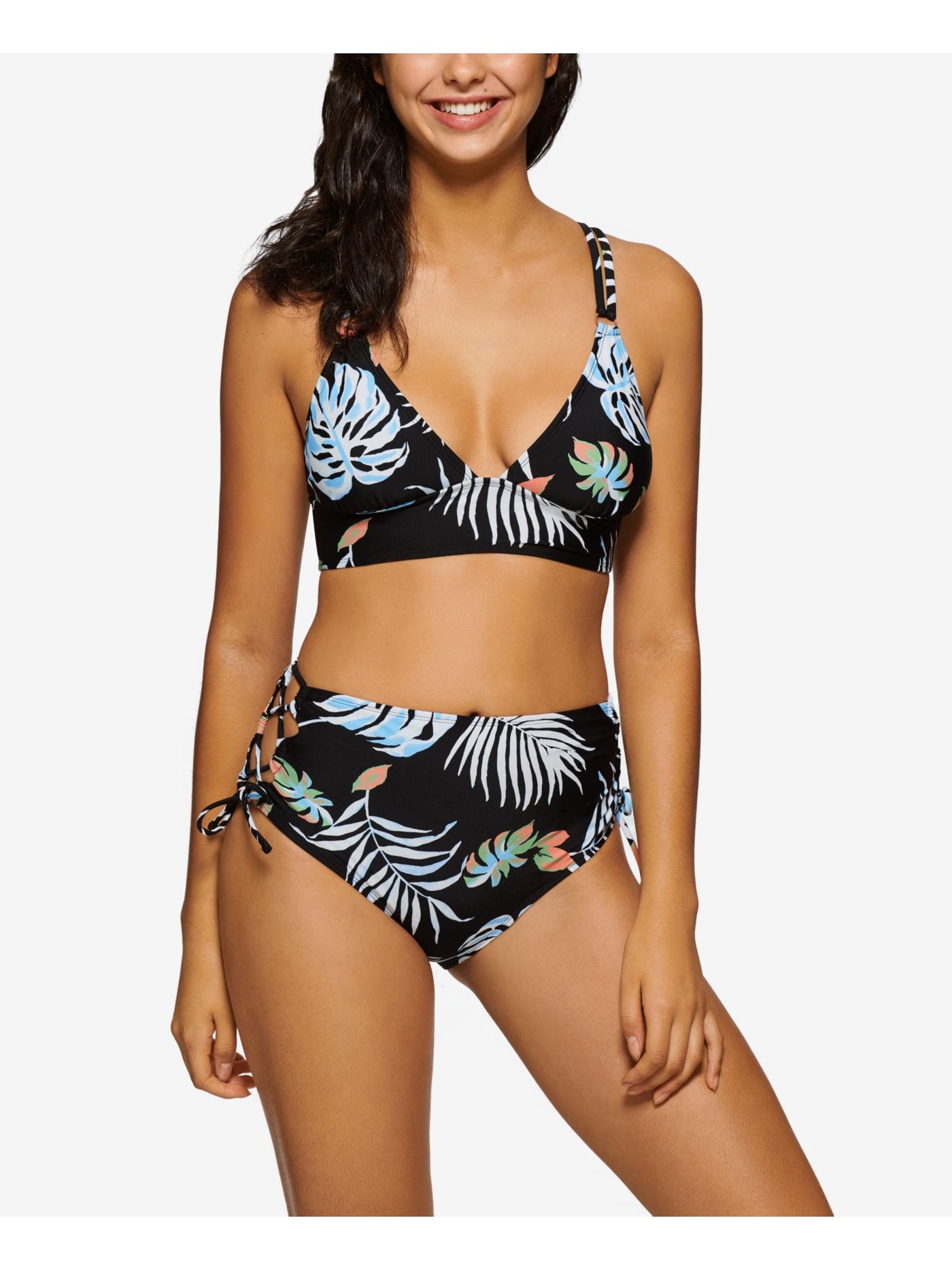 HULA HONEY Women's Black Tropical Print Stretch Strappy Strappy Deep V Neck Tie Aloha Breeze Triangle Swimsuit Top XS