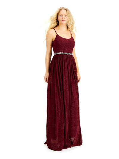 SPEECHLESS Womens Burgundy Glitter Sheer Spaghetti Strap Scoop Neck Full-Length Evening Empire Waist Dress 13