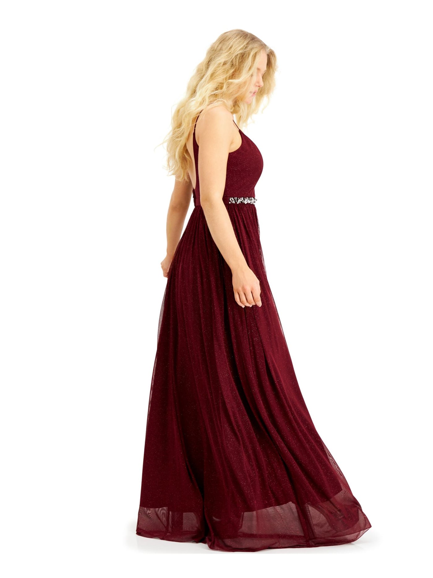 SPEECHLESS Womens Maroon Glitter Sheer Spaghetti Strap Scoop Neck Full-Length Evening Empire Waist Dress 0