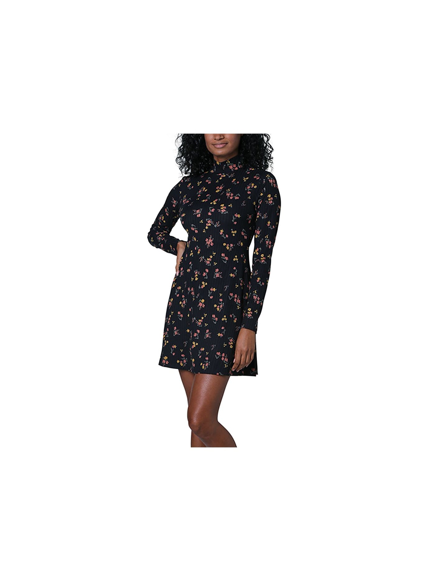 NO COMMENT Womens Black Mock-neck Ribbed Floral Long Sleeve Mini Fit + Flare Dress Juniors M