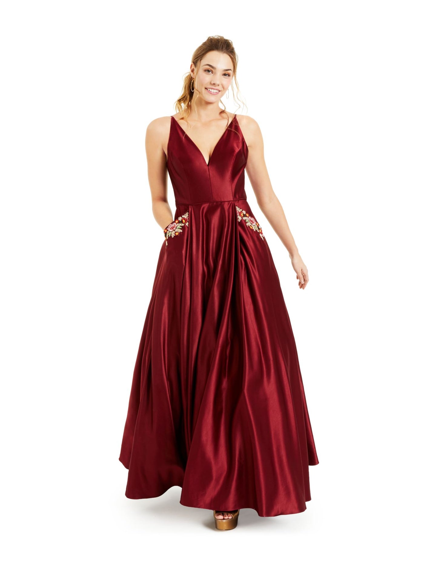 BLONDIE Womens Embellished Pocketed Satin Ballgown Spaghetti Strap V Neck Full-Length Formal A-Line Dress