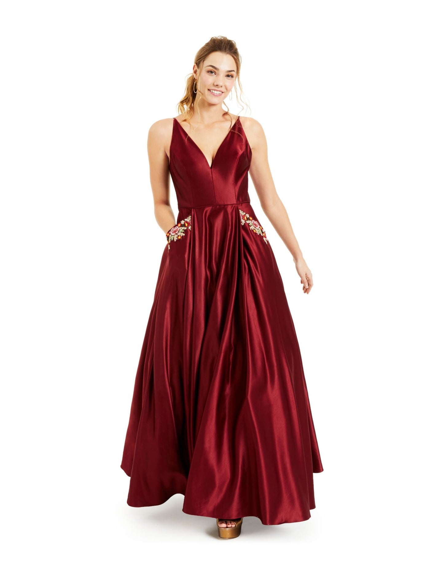 BLONDIE NITES Womens Embellished Pocketed Satin Ballgown Spaghetti Strap V Neck Full-Length Formal A-Line Dress