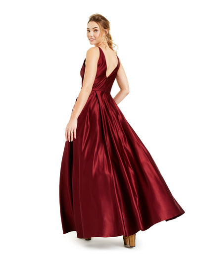 BLONDIE NITES Womens Embellished Pocketed Satin Ballgown Spaghetti Strap V Neck Full-Length Formal A-Line Dress