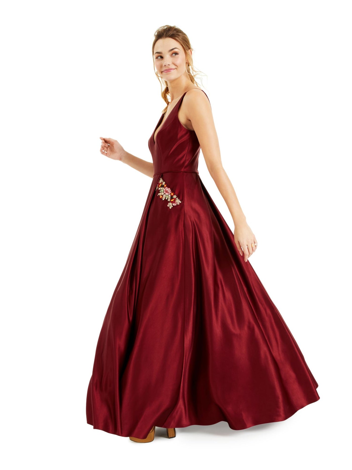 BLONDIE Womens Embellished Pocketed Satin Ballgown Spaghetti Strap V Neck Full-Length Formal A-Line Dress