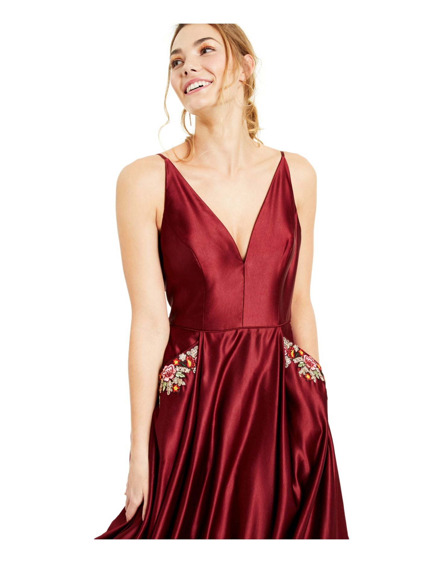 BLONDIE Womens Maroon Embellished Pocketed Satin Ballgown Spaghetti Strap V Neck Full-Length Formal A-Line Dress Juniors 5