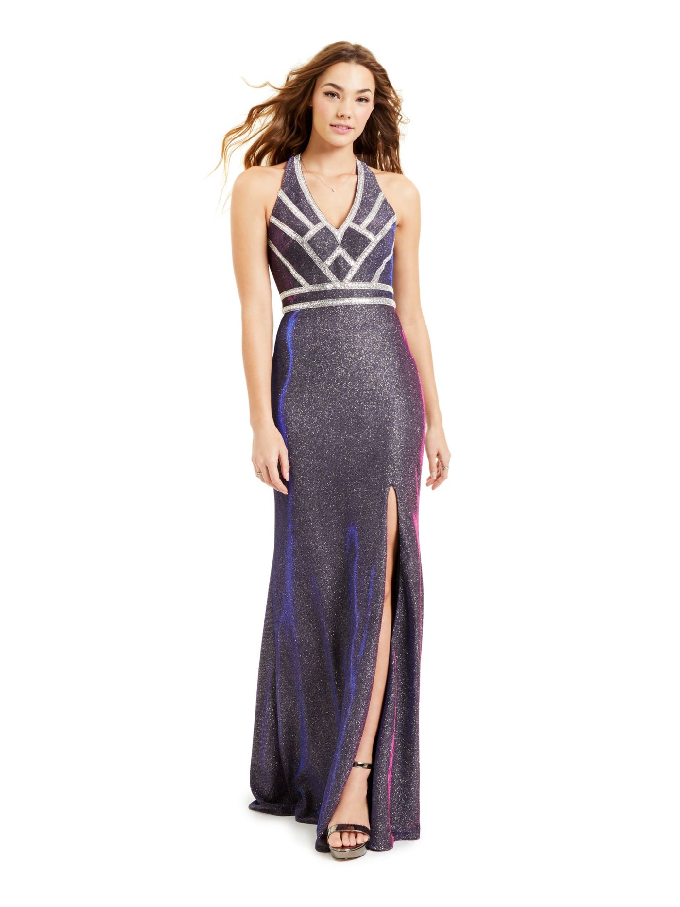 BLONDIE Womens Purple Glitter Embellished Slitted Gown Sleeveless V Neck Full-Length Prom Dress Juniors 1