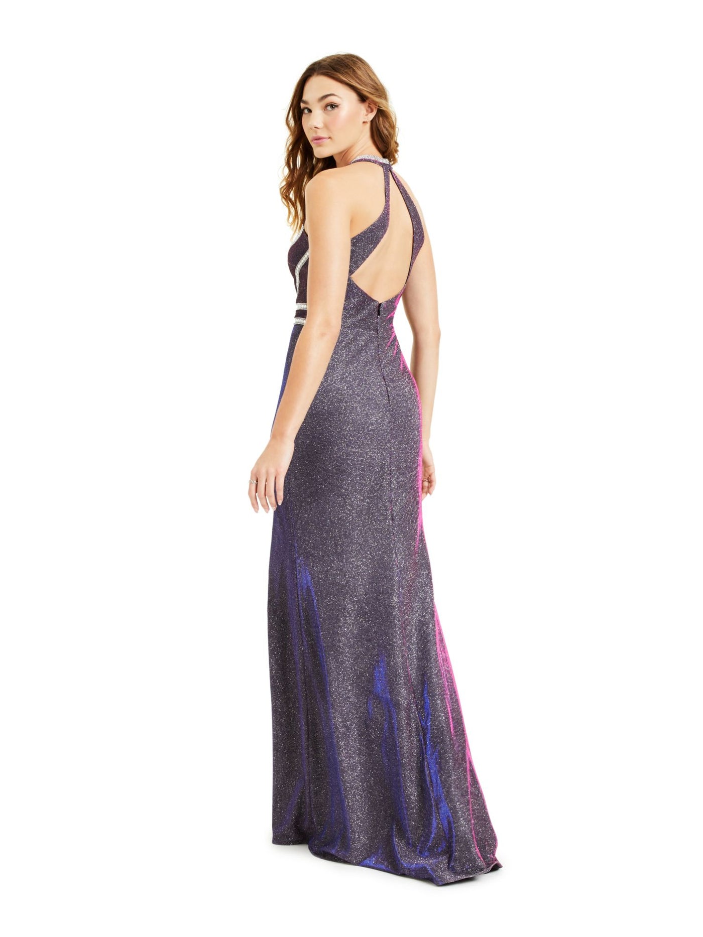 BLONDIE Womens Glitter Embellished Slitted Gown Sleeveless V Neck Full-Length Prom Dress