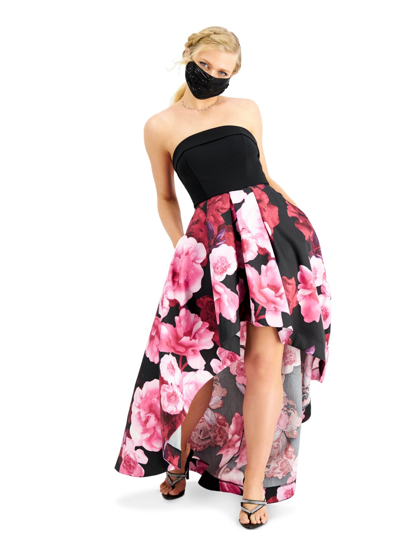 SPEECHLESS Womens Black Pocketed Zippered Floral Sleeveless Strapless Full-Length Prom Hi-Lo Dress Juniors 7