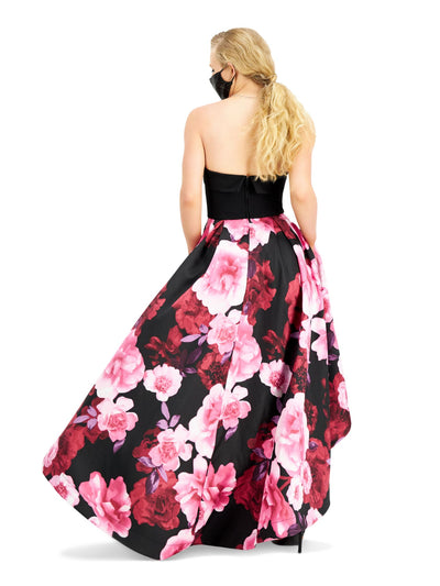 SPEECHLESS Womens Black Pocketed Zippered Floral Sleeveless Strapless Full-Length Prom Hi-Lo Dress Juniors 7