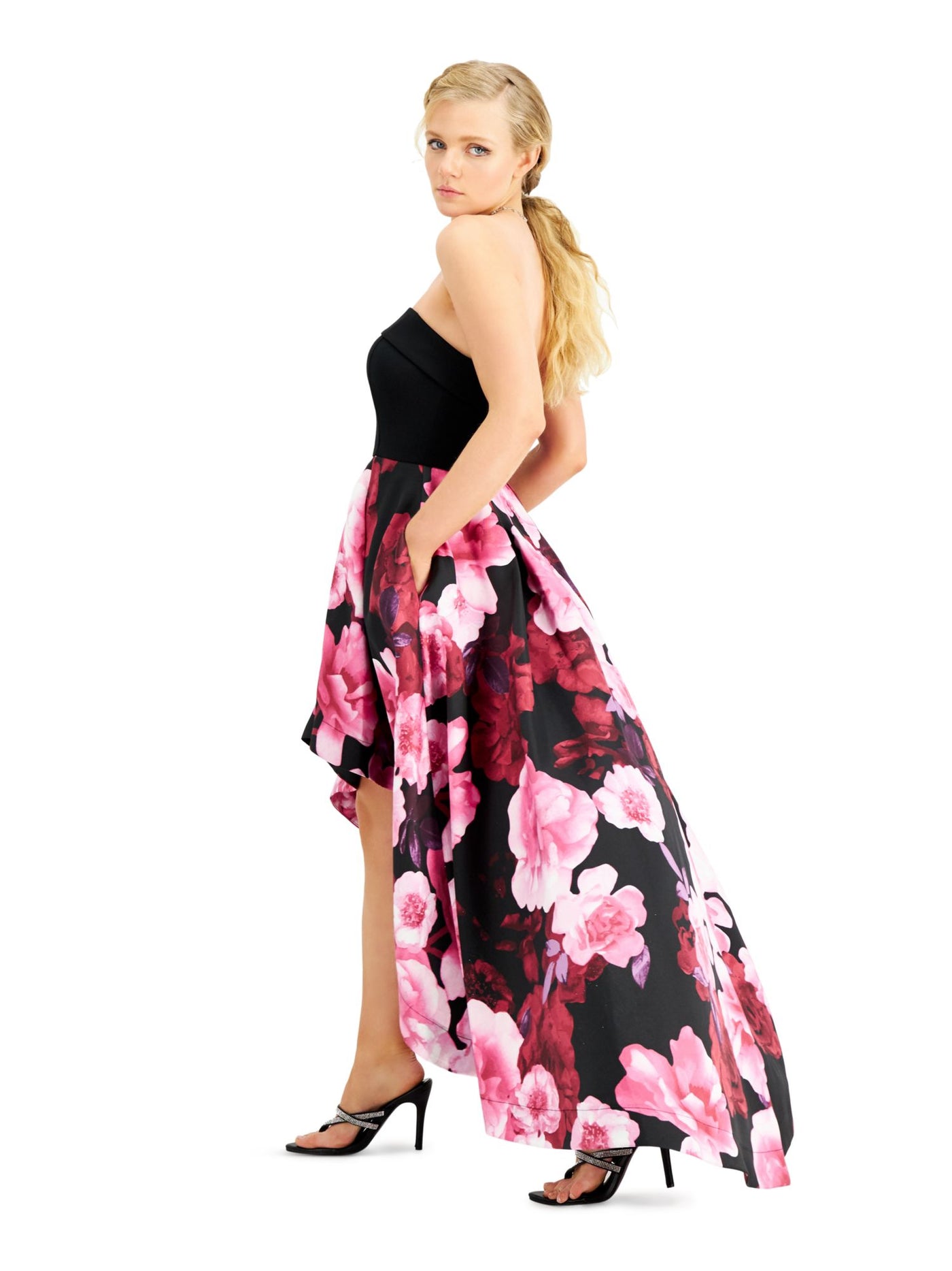 SPEECHLESS Womens Black Pocketed Zippered Floral Sleeveless Strapless Full-Length Prom Hi-Lo Dress 9