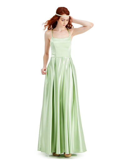 SPEECHLESS Womens Green Pocketed Lace Up Back Satin Spaghetti Strap Square Neck Full-Length A-Line Prom Dress 13