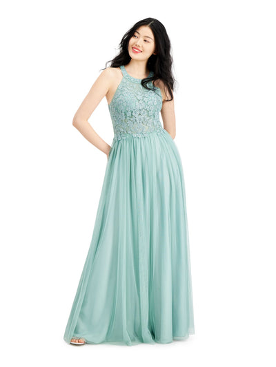 SPEECHLESS Womens Green Embellished Lace Gown Sleeveless Halter Full-Length Prom Gown Dress Juniors 11