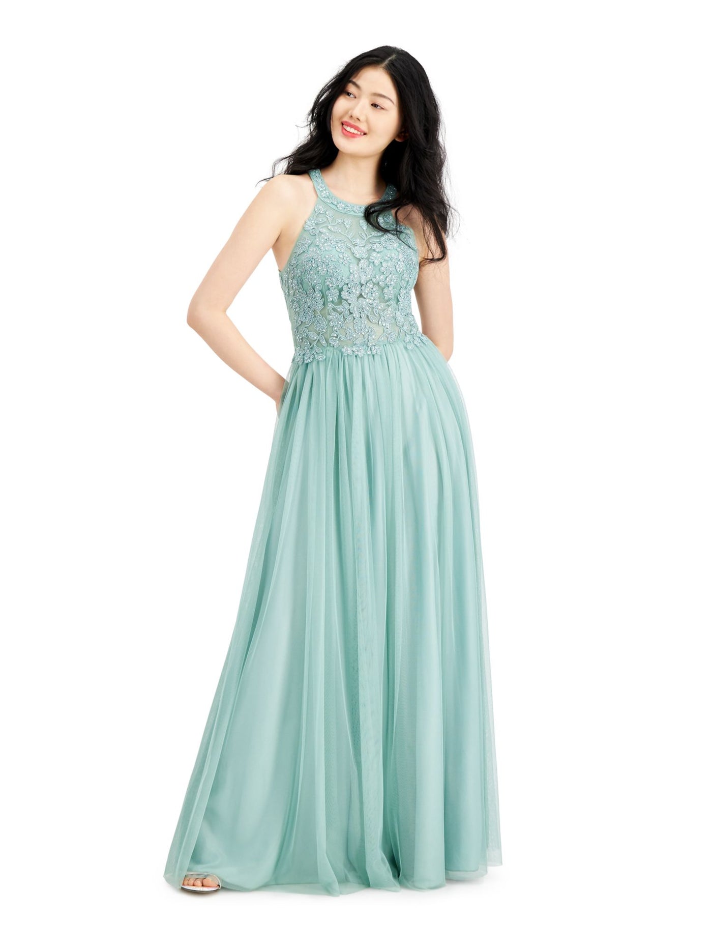 SPEECHLESS Womens Turquoise Embroidered Embellished Lace Gown Sleeveless Halter Full-Length Prom Dress Juniors 0