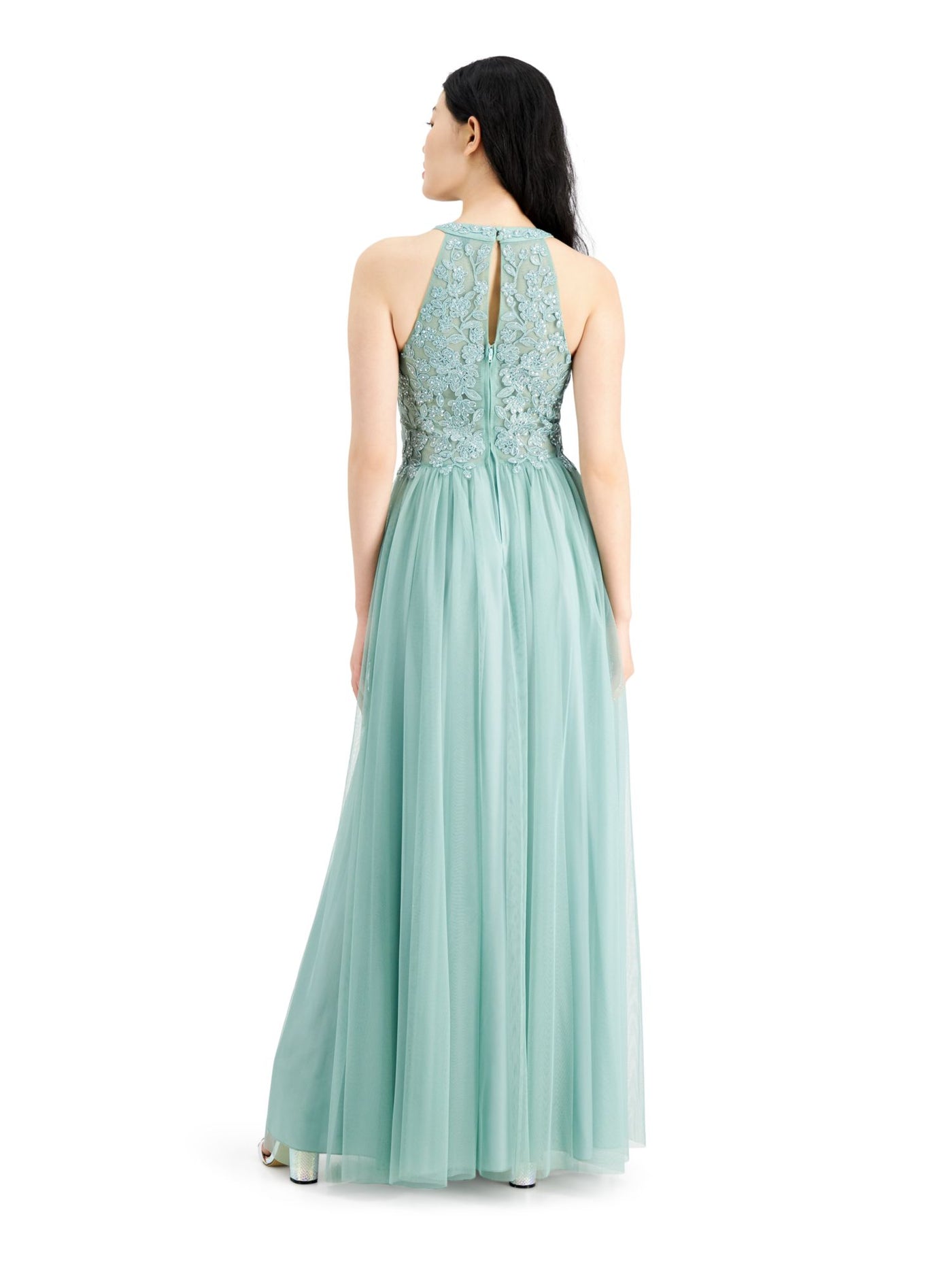 SPEECHLESS Womens Turquoise Embroidered Embellished Lace Gown Sleeveless Halter Full-Length Prom Dress Juniors 0
