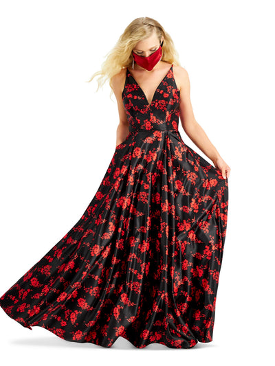 BLONDIE Womens Black Zippered Floral Sleeveless V Neck Full-Length Prom Fit + Flare Dress Juniors 1