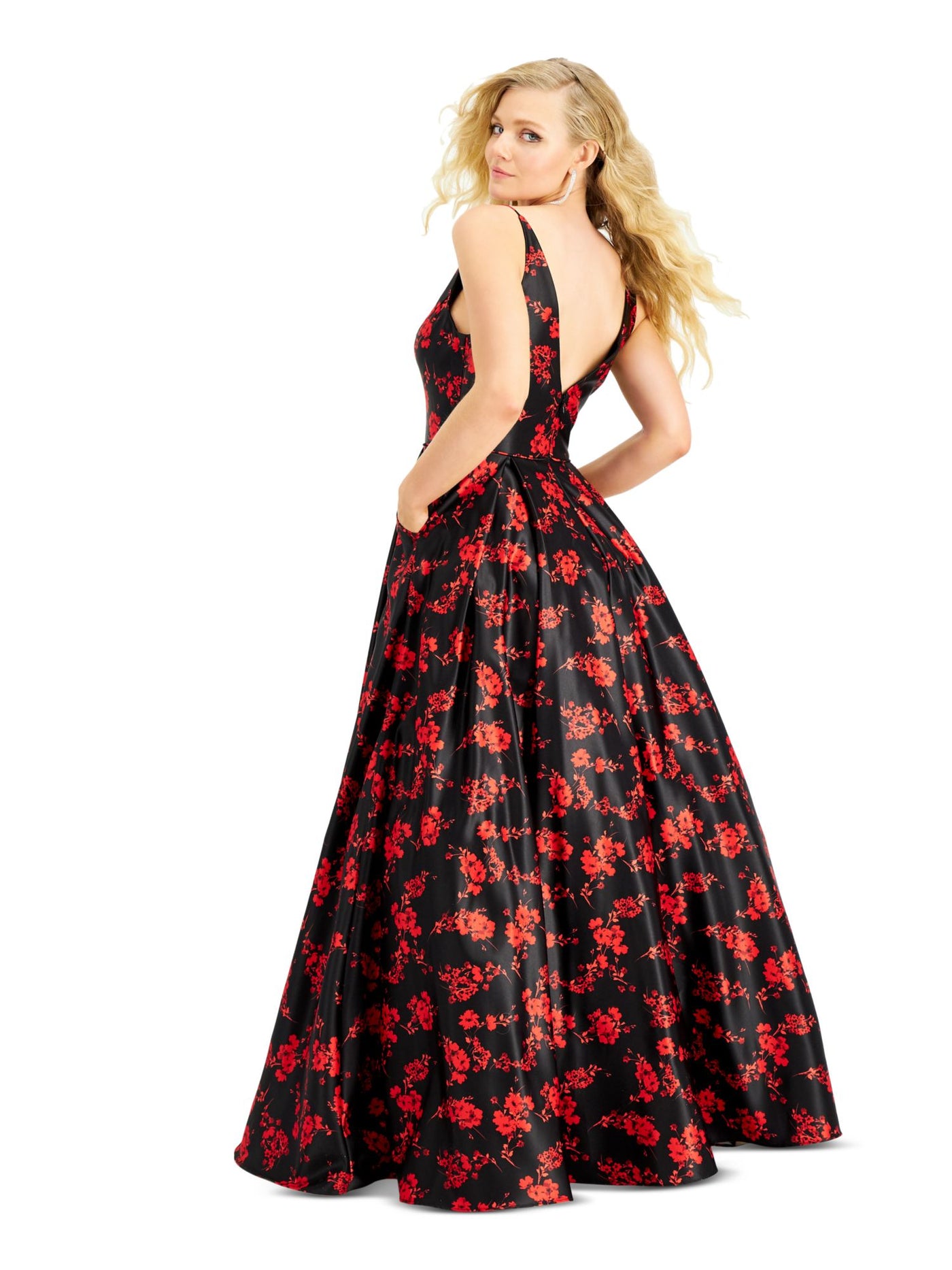 BLONDIE Womens Black Zippered Floral Sleeveless V Neck Full-Length Prom Fit + Flare Dress Juniors 1
